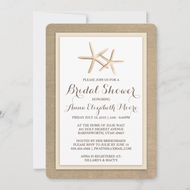 Invitation de Fête de la mariée de plage de toile (Devant)