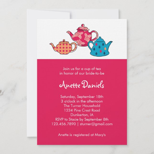 Invitation de Fête de la mariée de pot de thé (Devant)