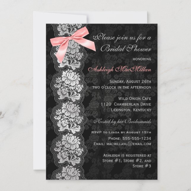 Invitation de Fête de l'mariée à dentelle noire (Devant)