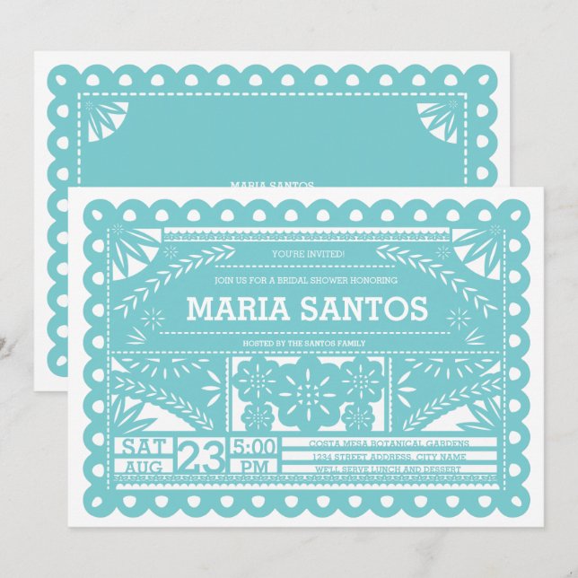 Invitation de Fête de l'mariée Papel Picado - Bleu (Devant / Derrière)