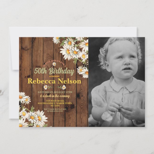 Invitation de fête de marguerite Floral Wood Photo (Devant)