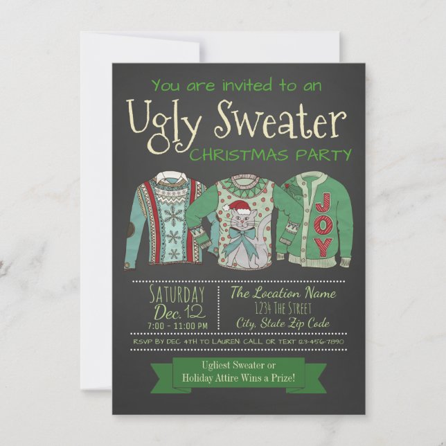 Invitation de fête de Noël au pull moche sur table (Devant)
