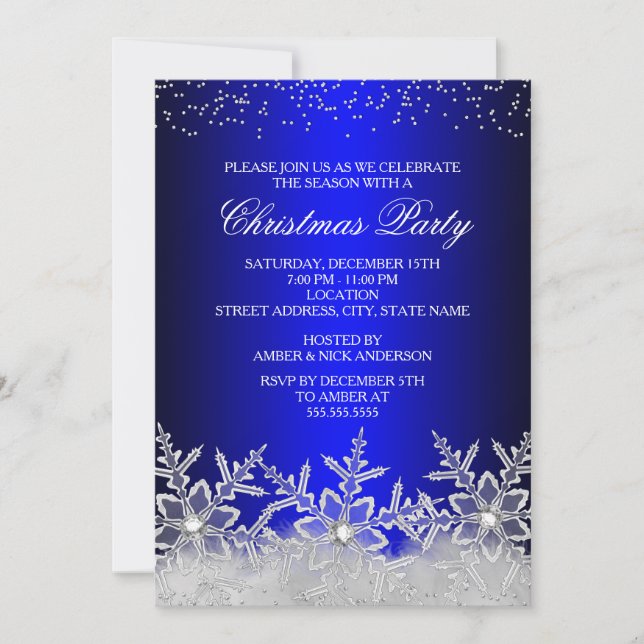 Invitation de fête de Noël en bleu flocon de neige (Devant)