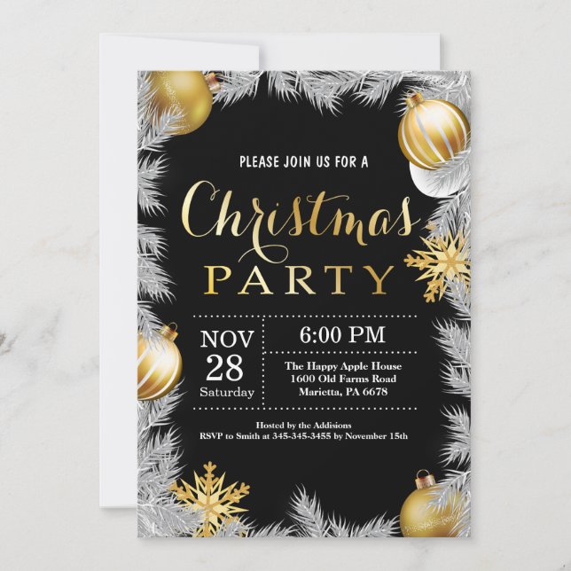 Invitation de fête de Noël Noir et Or (Devant)