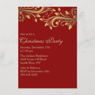 Invitation de fête de Noël Red & Gold Holly Flouri