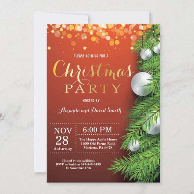 Invitation de fête de Noël Rouge et or (Devant)