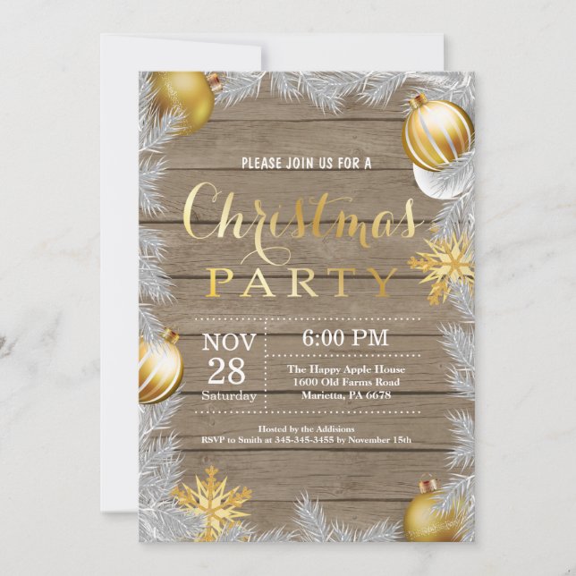 Invitation de fête de Noël Rustique et or (Devant)