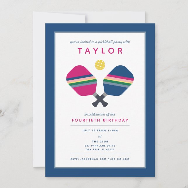 Invitation de fête de pickleball bleu vert rose Sp (Devant)