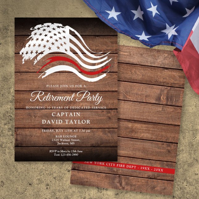 Invitation de fête de retraite de pompier de ligne (Firefighter Retirement Party Thin Red Line Rustic Invitation)