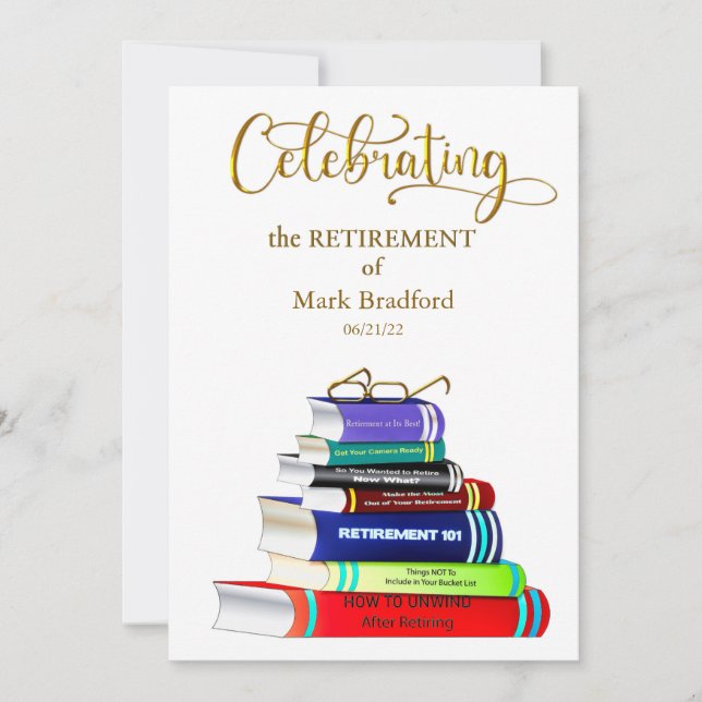 Invitation de fête de retraite Livres empilés (Devant)