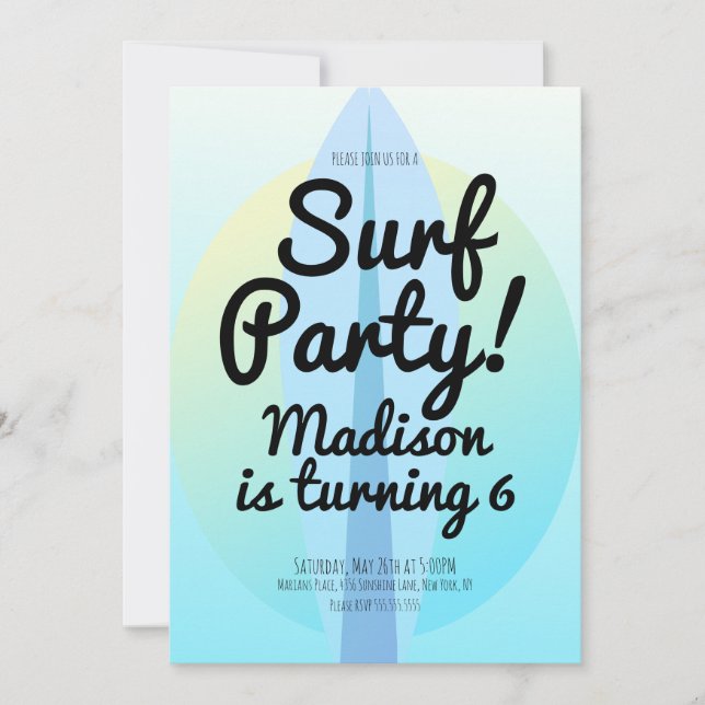 Invitation de fête de surf sur la plage ombre bleu (Devant)