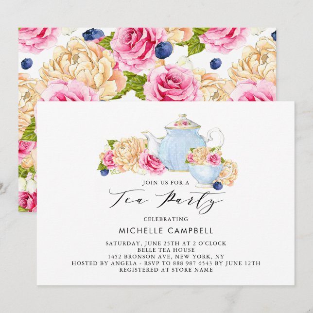 Invitation de fête de thé florale à l'aquarelle (Devant / Derrière)
