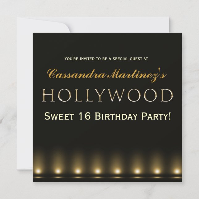 Invitation de fête de typographie dorée des lumièr (Devant)