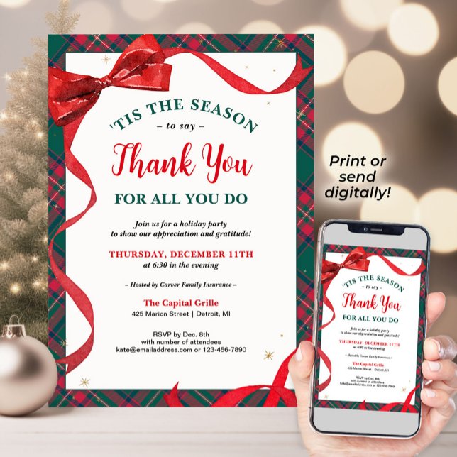 Invitation de fête de vacances de l'entreprise - M (Company Holiday Party invitation with a classic red bow and plaid, and a message of gratitude)