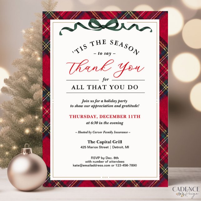 Invitation de fête de vacances d'entreprise - Merc (Company Holiday Party invitation with classic red plaid and a thank you message to show gratitude)