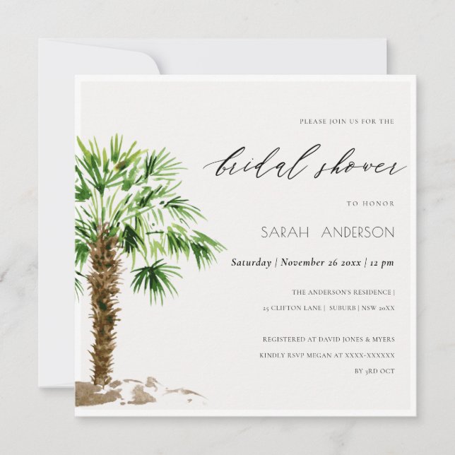 Invitation de Fête des mariées d'aquarelle de palm (Devant)