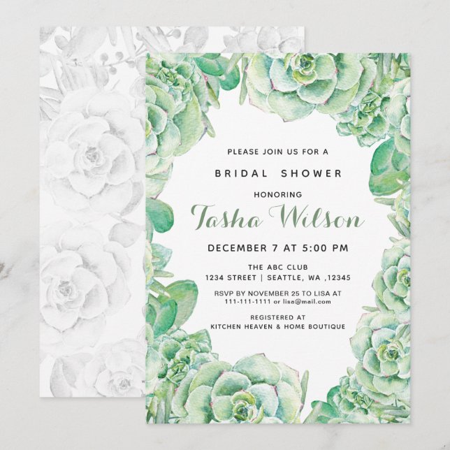 Invitation de Fête des mariées des succulents aqua (Devant / Derrière)