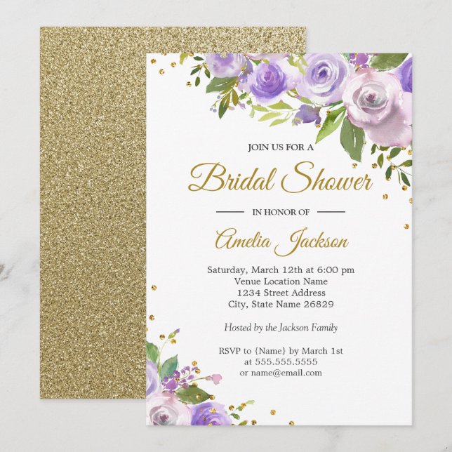 Invitation de Fête des mariées Floral Purple Gold  (Devant / Derrière)