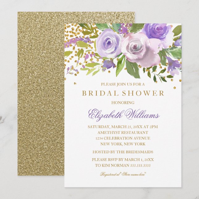 Invitation de Fête des mariées Floral Purple Gold  (Devant / Derrière)