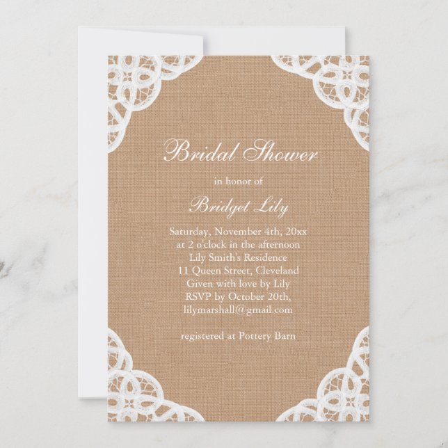 Invitation de Fête des mariées Rustic Lace & Mediu (Devant)