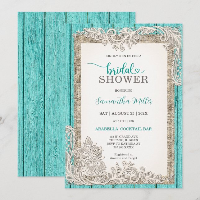 Invitation de Fête des mariées Turquoise rustique (Devant / Derrière)