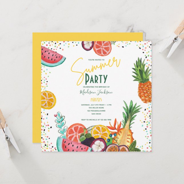 Invitation de fête d'été jaune fruit tropical (Devant/Arrière en situation)