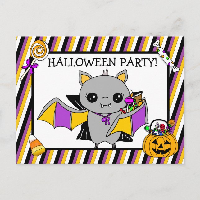 Invitation de fête d'Halloween avec Bat Holding Ca (Devant)