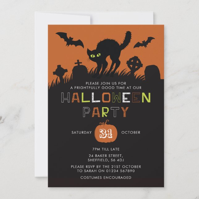 Invitation de fête d'Halloween - Chat noir (Devant)