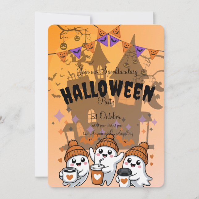 Invitation de fête d'Halloween de fantôme mignon  (Devant)