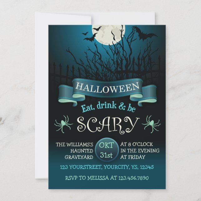 Invitation de fête d'Halloween effrayant en bleu f (Devant)