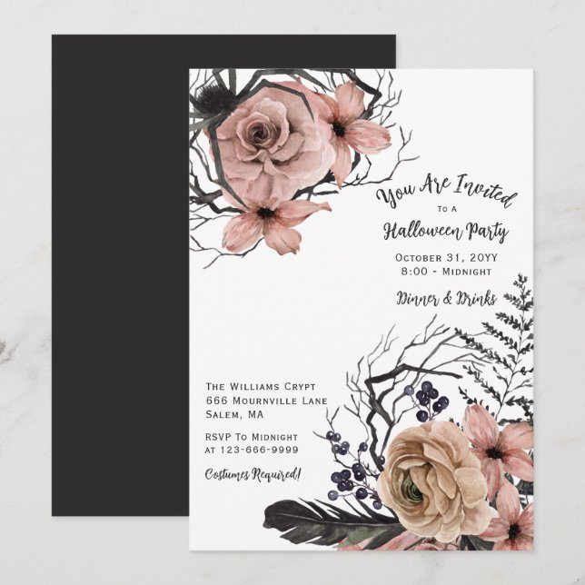 Invitation de fête d'Halloween florale élégante (Devant / Derrière)
