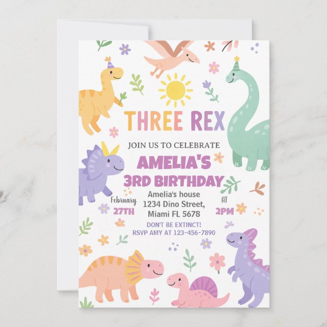Invitation de fête Dino modifiable pour garçons ou (Devant)