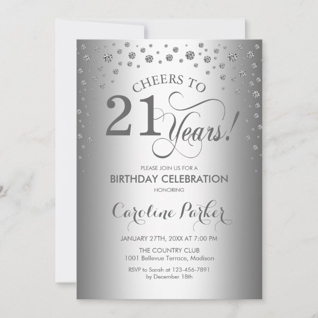 Invitation de fête du 21e anniversaire - Argent (Devant)