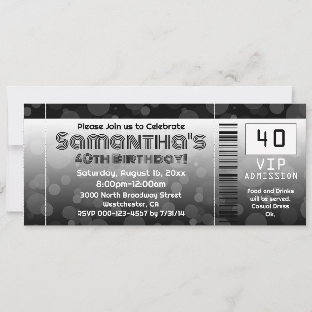 Invitation de fête du 40e anniversaire, billet noi (Devant)