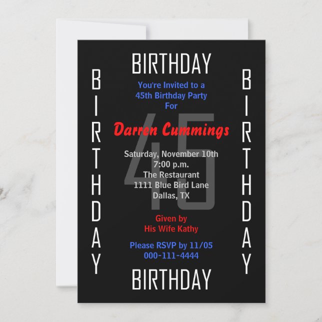 Invitation de fête du 45e anniversaire 45 (Devant)