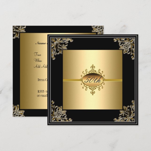 Invitation de fête du 50e anniversaire Gold Black  (Devant / Derrière)