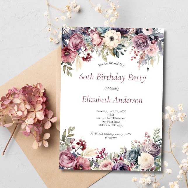 Invitation de fête du 60e anniversaire Florales vi (Pink purple blue moody florals 60th birthday invitation for her. Digital or Printed. Watercolor )