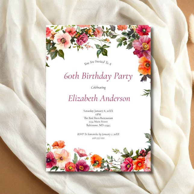 Invitation de fête du 60e anniversaire Florals rou (Red Pink Watercolor Florals 60th Birthday invitation for her. Printed or Digital Download)