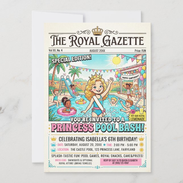 Invitation de fête éditoriale Princesse Piscine (Devant)