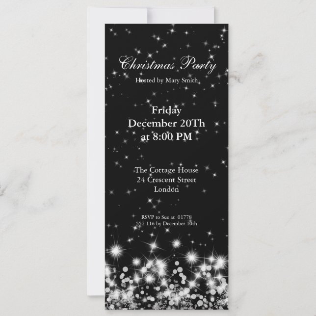 Invitation de fête Élégant Hiver Étincelle Noir (Devant)