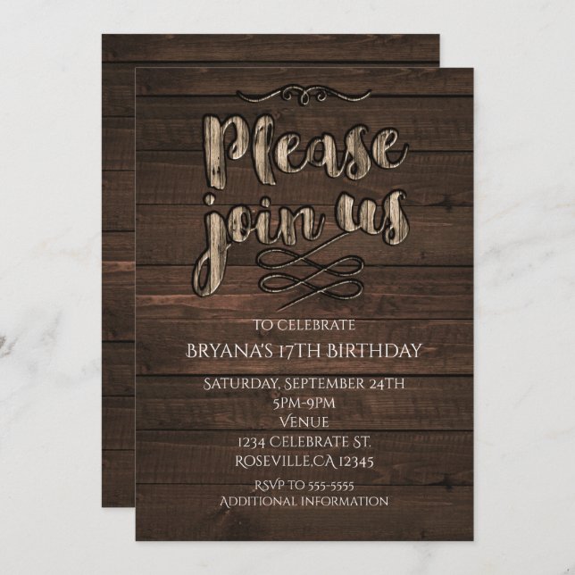 Invitation de fête élégante en bois rustique pour  (Devant / Derrière)