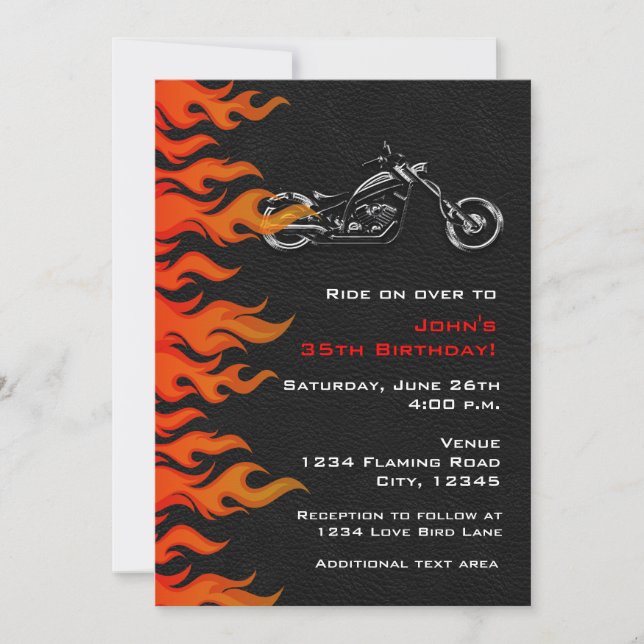 Invitation de fête Flammes Cuir Moto Biker (Devant)