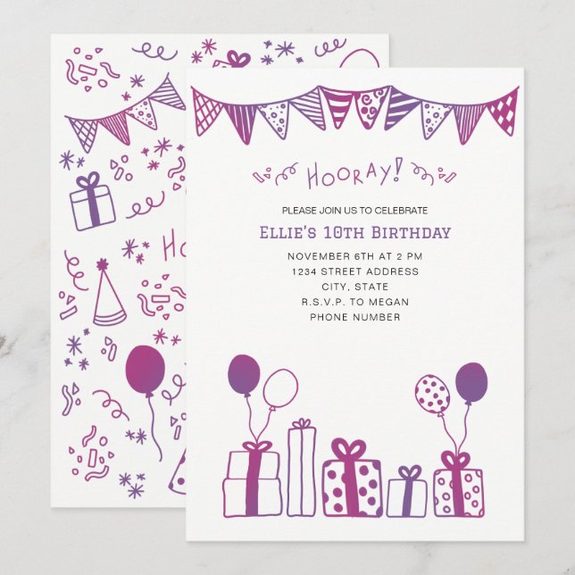Invitation De Fête Fuchsia Et Purple (Devant / Derrière)