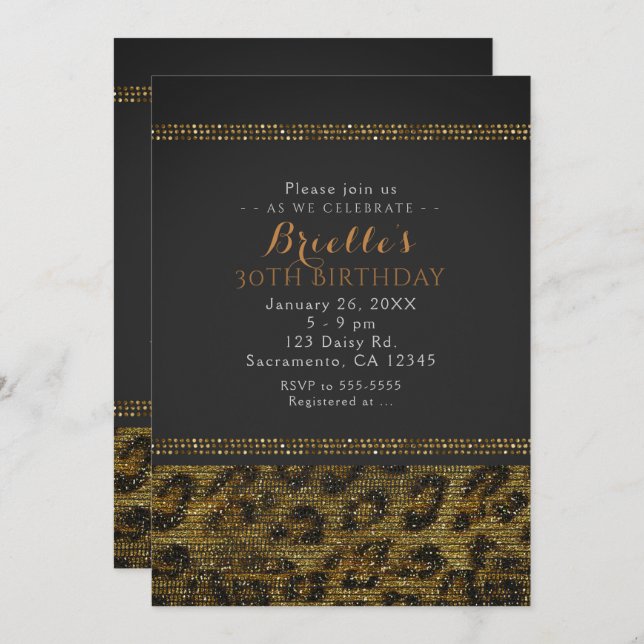 Invitation de fête Glam Chic à paillettes de léopa (Devant / Derrière)