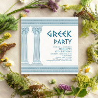 Invitation de fête grecque avec colonnes bleues et
