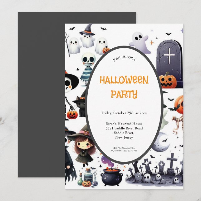 INVITATION DE FÊTE GRIS ET ORANGE HALLOWEEN (Devant / Derrière)