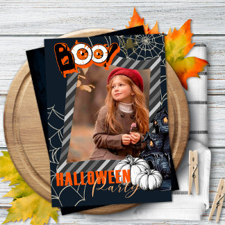 Invitation de fête Halloween bleu foncé avec photo