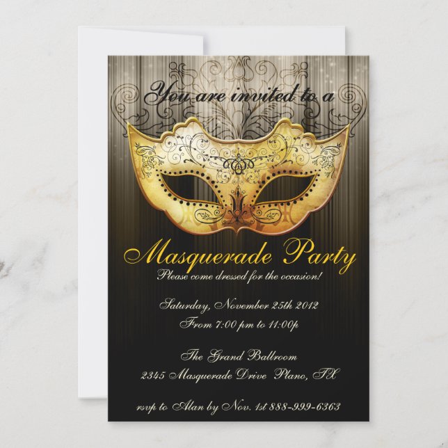 Invitation de fête masquée dorée élégante (Devant)