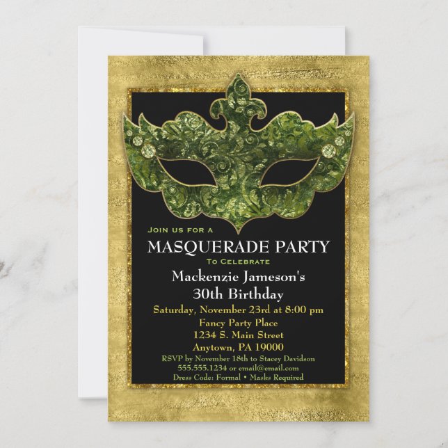 Invitation de fête Masquerade Gold Green Anniversa (Devant)