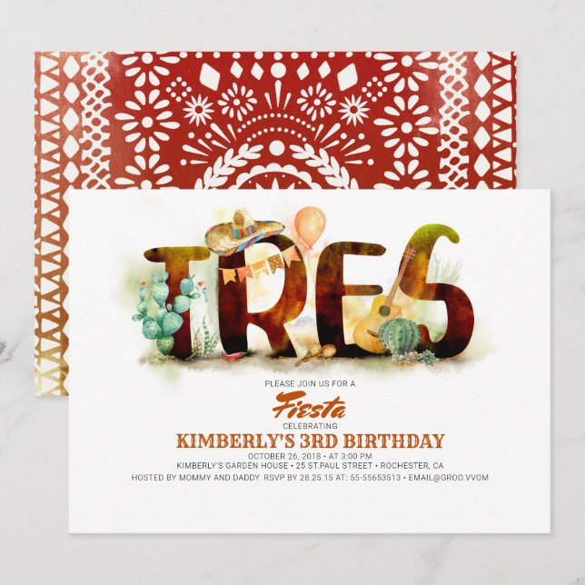 Invitation de fête mexicaine Fiesta 3e anniversair (Devant / Derrière)